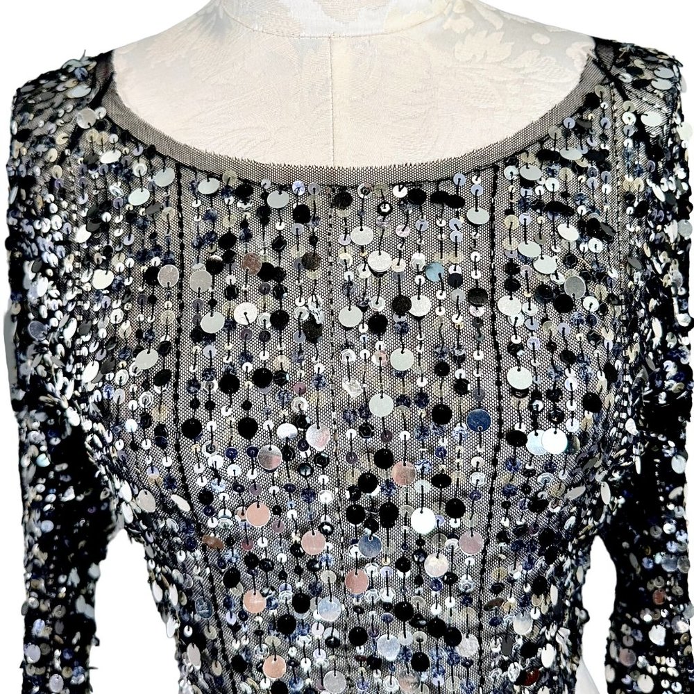havenbleu Black Sheer Silver Sequin Cropped Long Sleeve Top Small - Picture 2 of 14